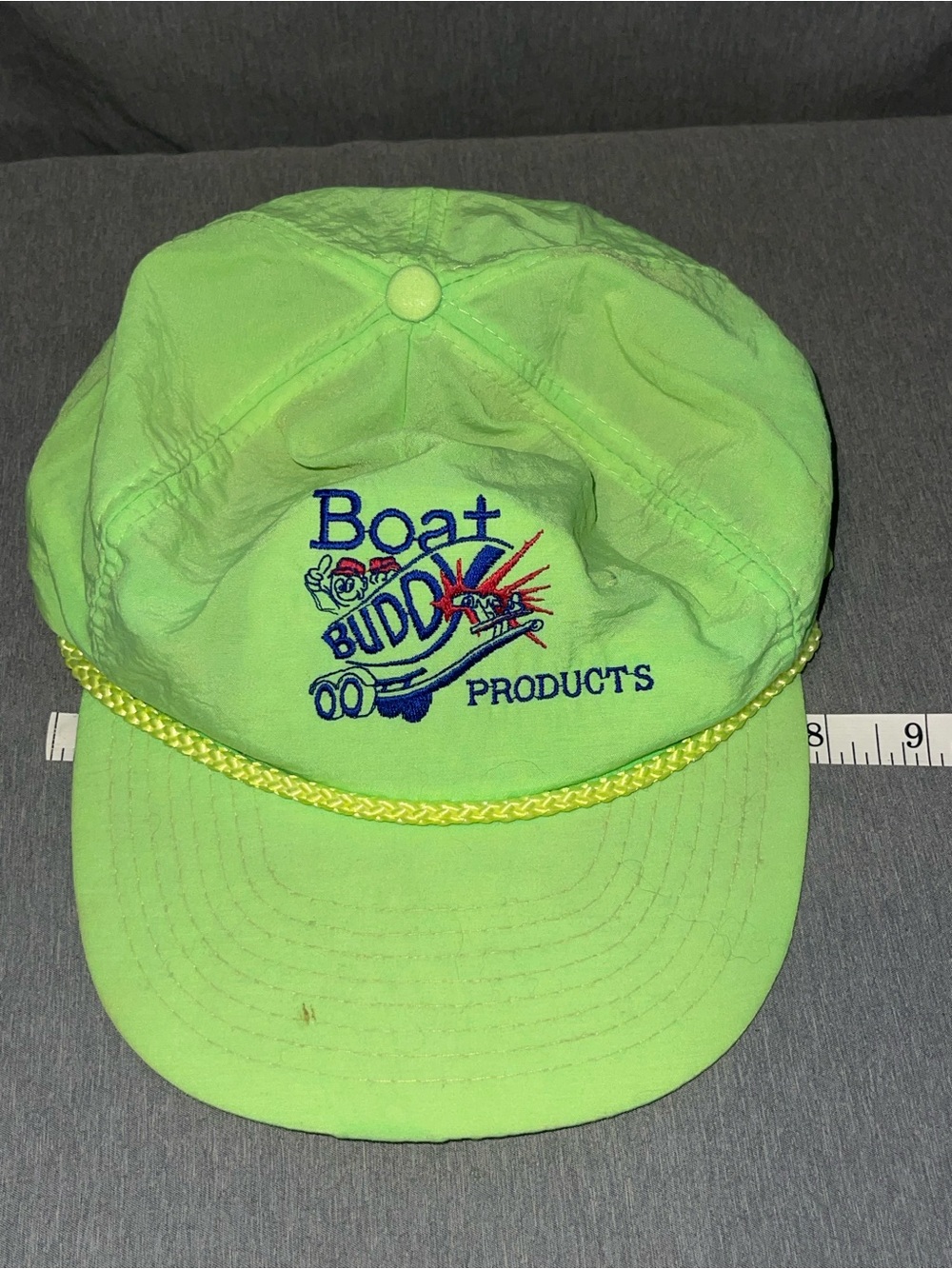 Vintage Neon Green Boat Buddy Products Rope Hat Cap By Mohr 80’s Hook & Loop